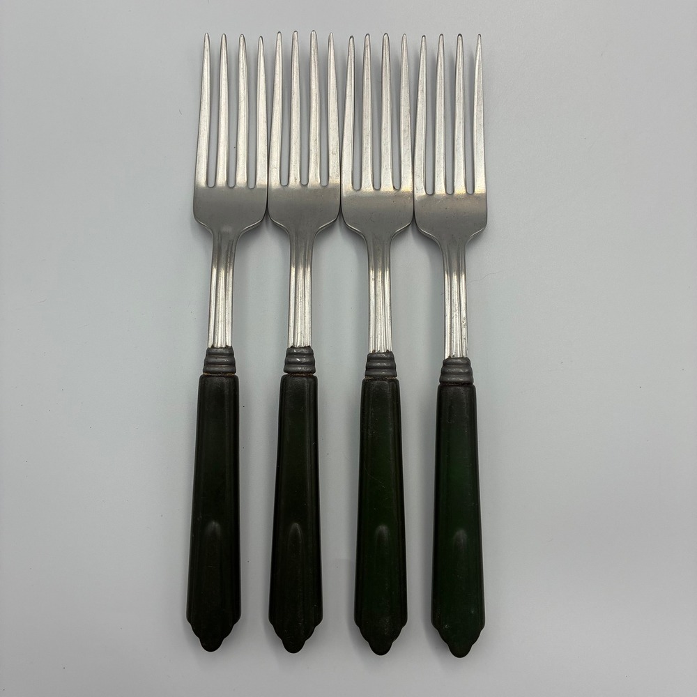 Vintage Bakelite Handle Dinner Forks Set of 4 Stainless Steel Dark Green MCM